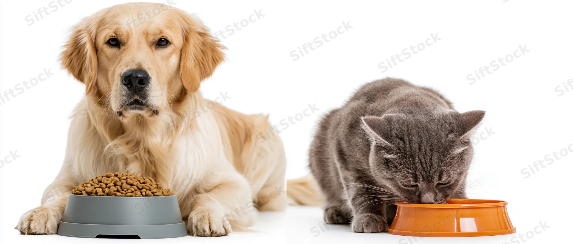 Golden retriever lying beside a grey bowl of kibble while a grey cat eats from an orange bowl on white background
