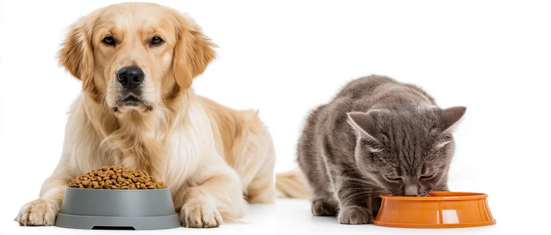 Golden retriever lying beside a grey bowl of kibble while a grey cat eats from an orange bowl on white background