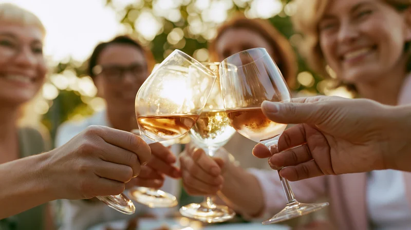 Friends clinking wine glasses in a toast outdoors at sunset