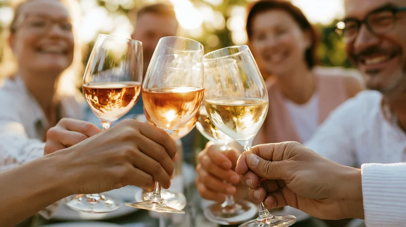 Friends clinking wine glasses in a toast at an outdoor dinner gathering