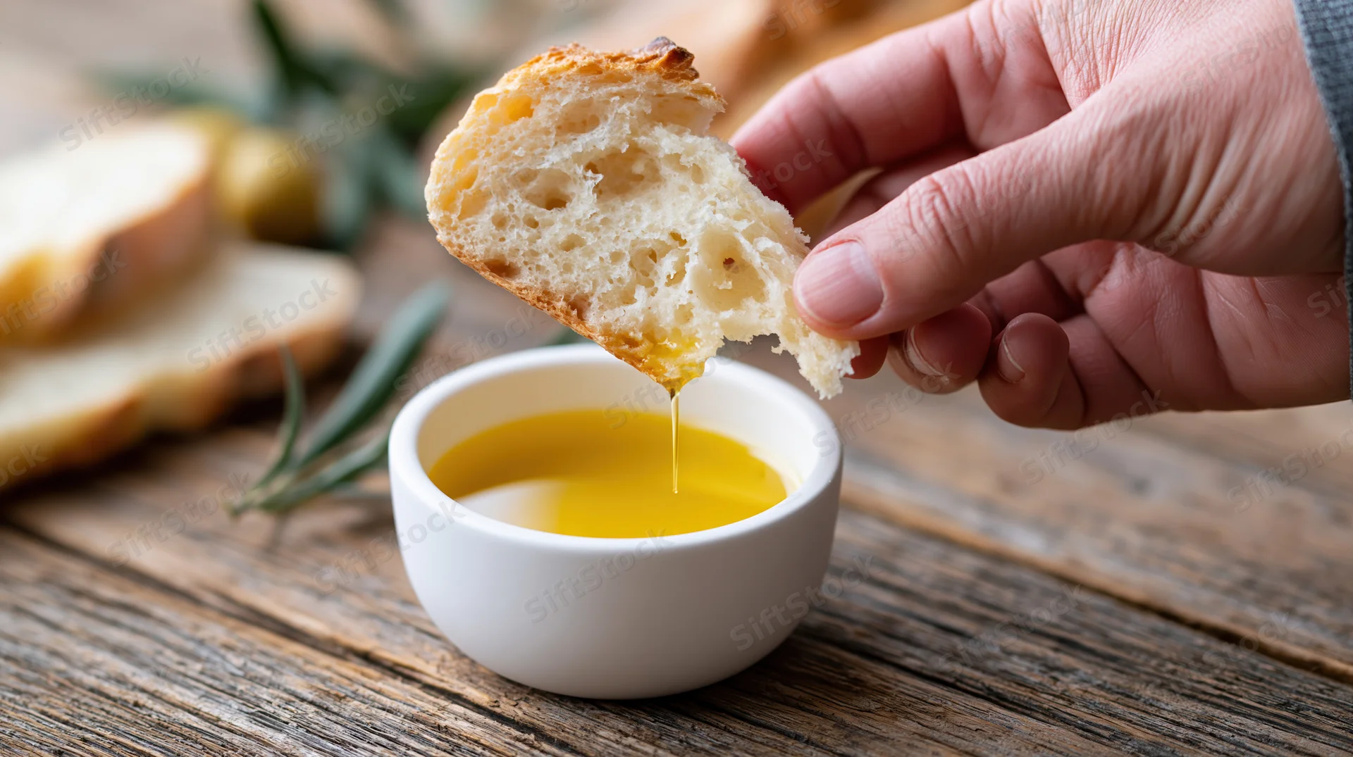 Hand dipping a torn piece of ciabatta into olive oil in a white bowl on a wooden board