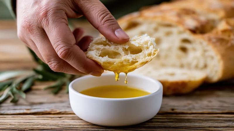 Hand dipping a torn piece of ciabatta into olive oil in a white bowl on a wooden board