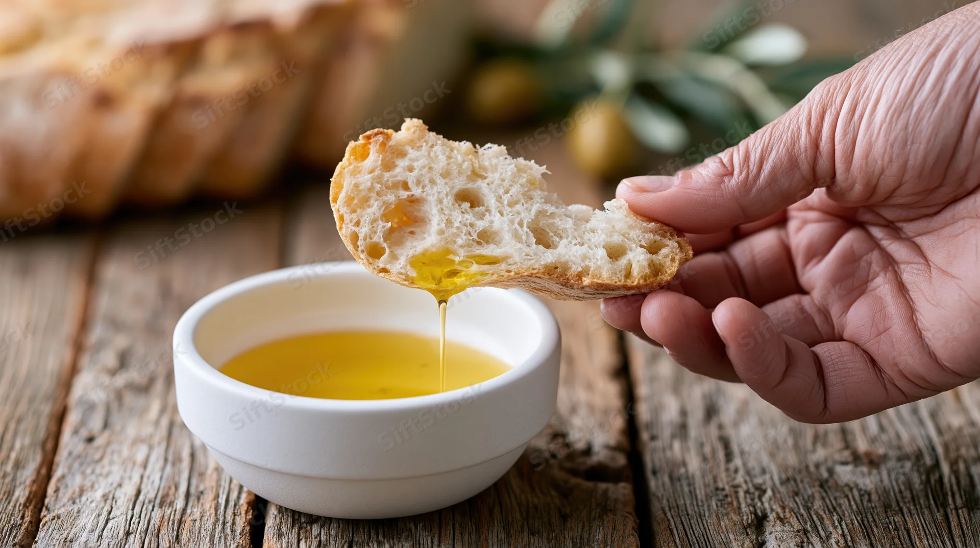 Hand dipping a torn piece of ciabatta into olive oil in a white bowl on a wooden table