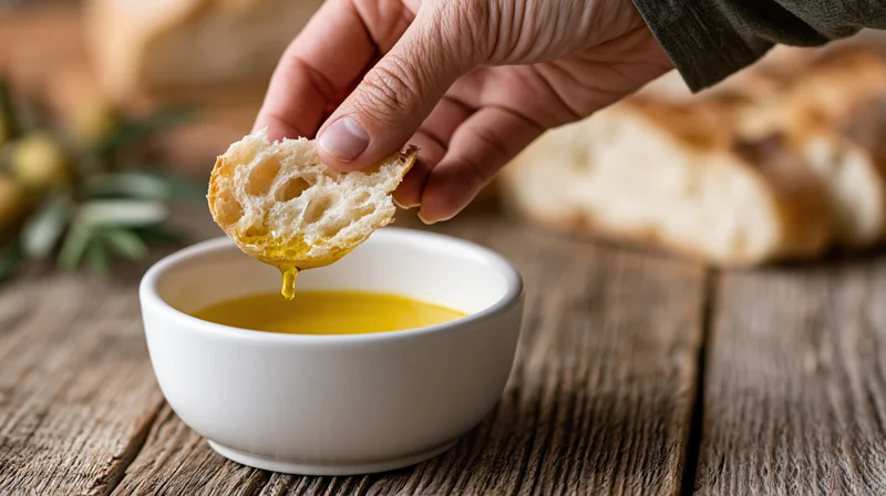Hand dipping a torn piece of ciabatta into a small white bowl of olive oil on a wooden table
