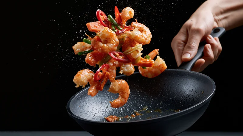Hand tossing shrimp with red chili and green onions in a black wok