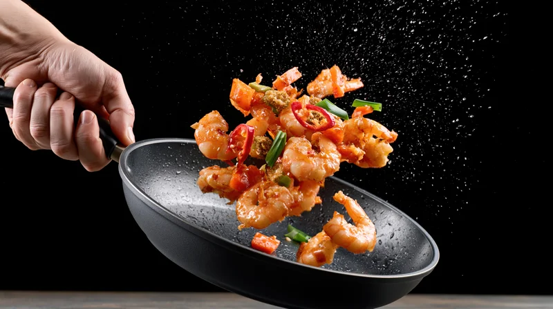 Hand tossing shrimp with red chili and green onions in a black skillet against a dark background