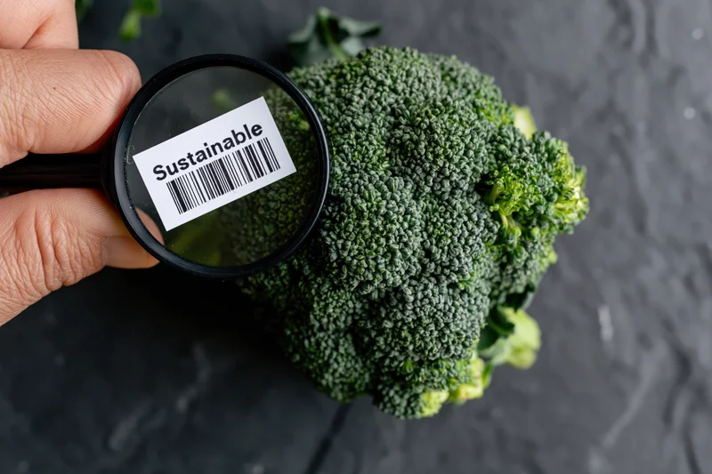 Hand holding magnifying glass over fresh broccoli with sustainable label visible through lens