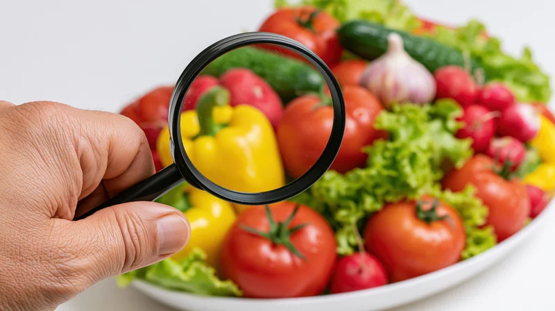 Hand holding magnifying glass over a pile of fresh vegetables on a white plate