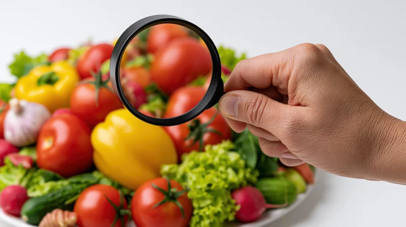 Hand holding magnifying glass over pile of fresh vegetables on white surface