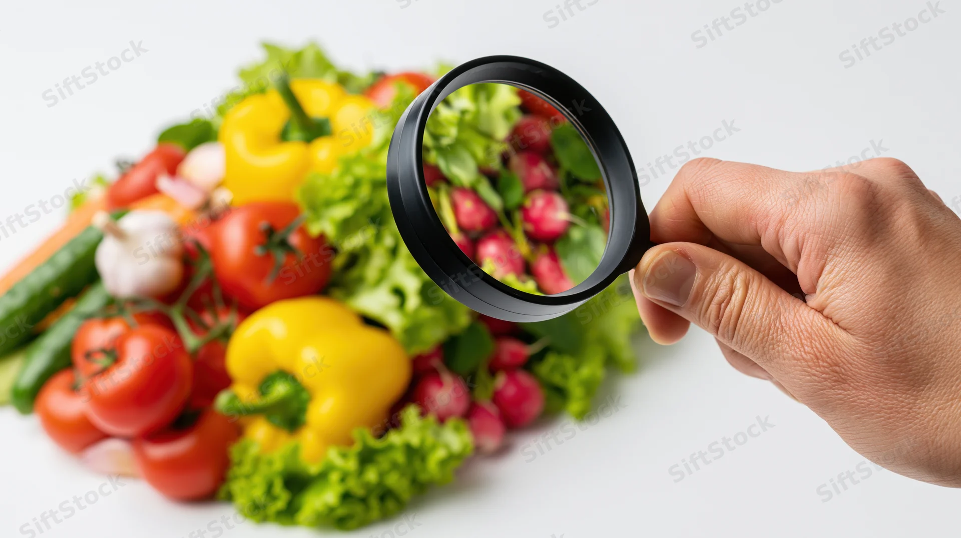 Hand holding magnifying glass over pile of fresh vegetables on white background
