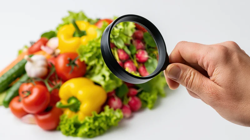 Hand holding magnifying glass over pile of fresh vegetables on white background
