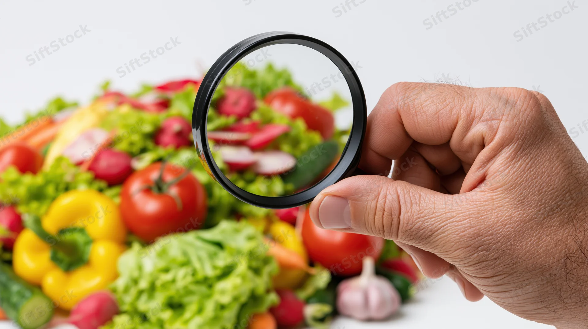 Hand holding magnifying glass over pile of fresh vegetables for inspection