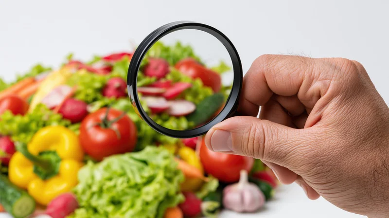 Hand holding magnifying glass over pile of fresh vegetables for inspection