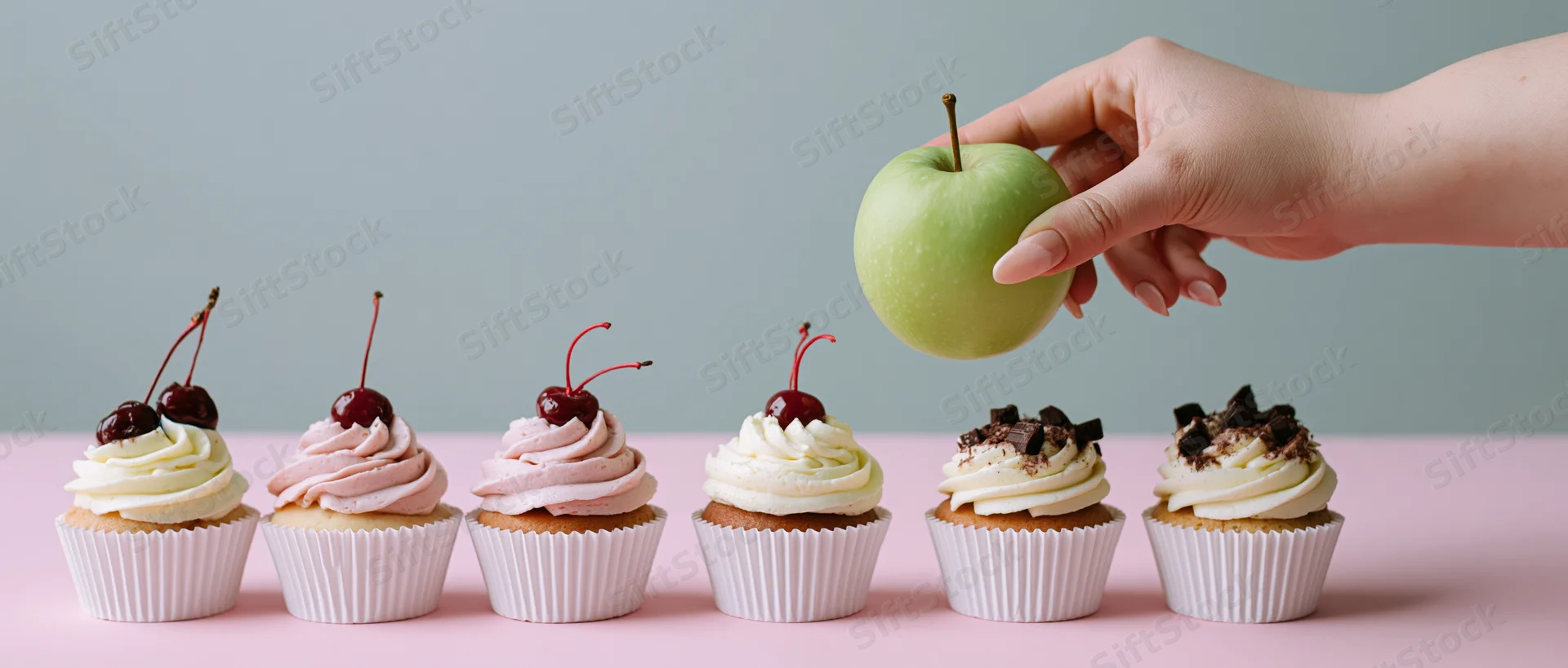 Hand holding green apple above row of cupcakes on pink surface