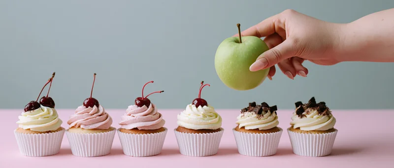 Hand holding green apple above row of cupcakes on pink surface
