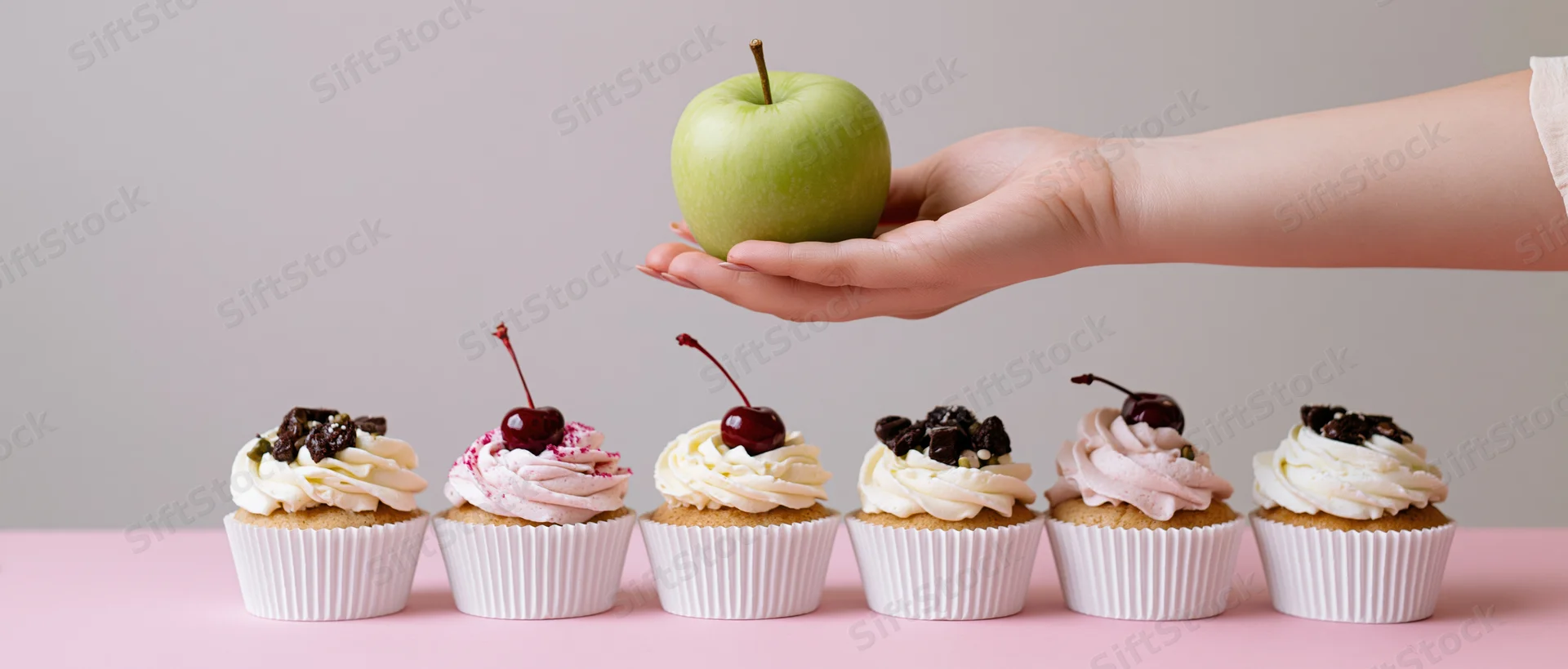 Hand holding green apple above a row of cupcakes on a pink table