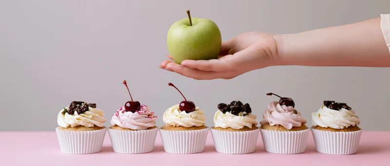 Hand holding green apple above a row of cupcakes on a pink table