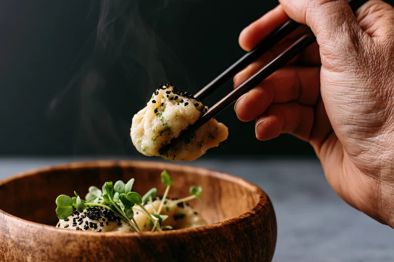 Hand lifting a steaming dumpling with chopsticks from a wooden bowl