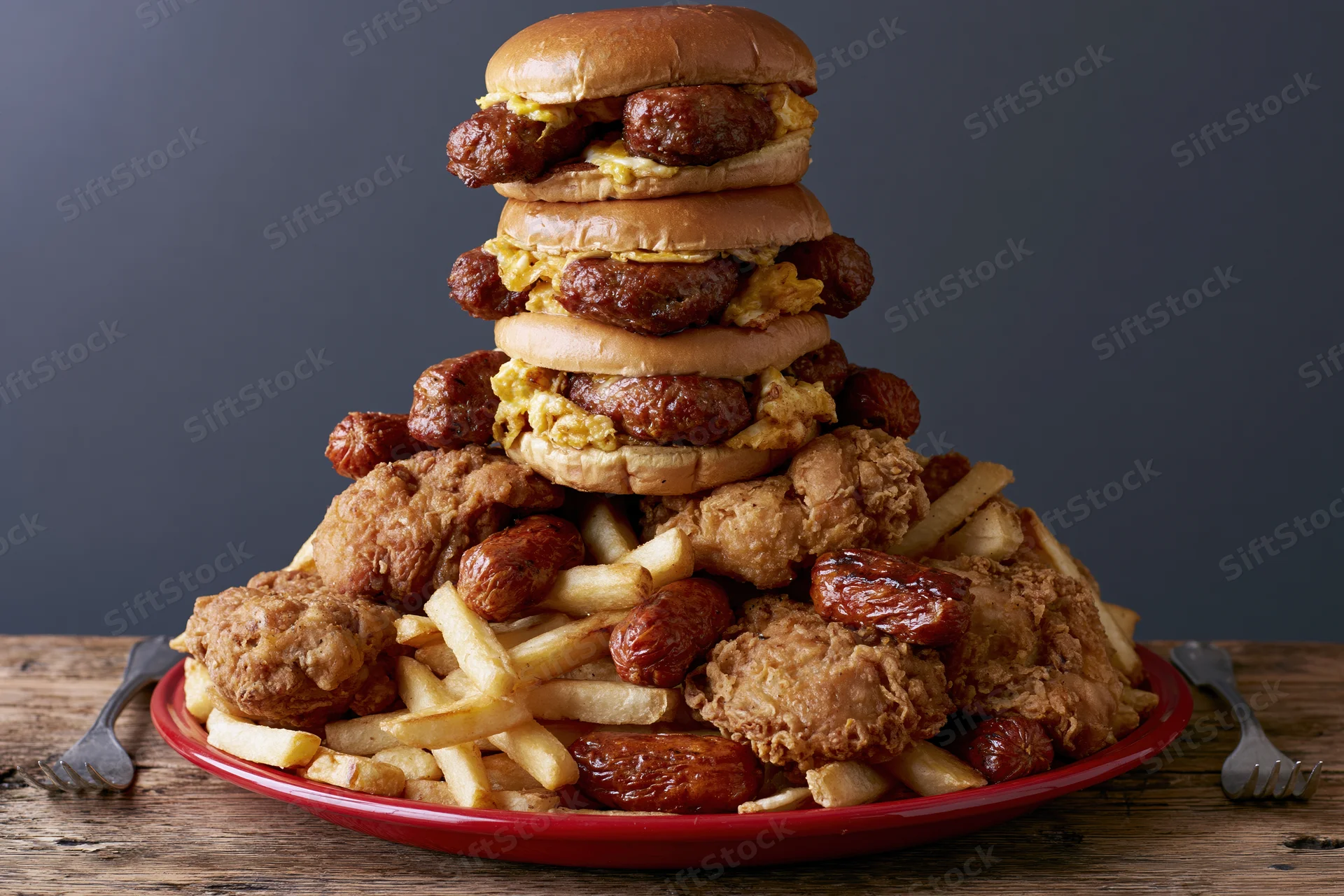 Red plate piled high with three sausage burgers, fried chicken, and french fries on wooden table