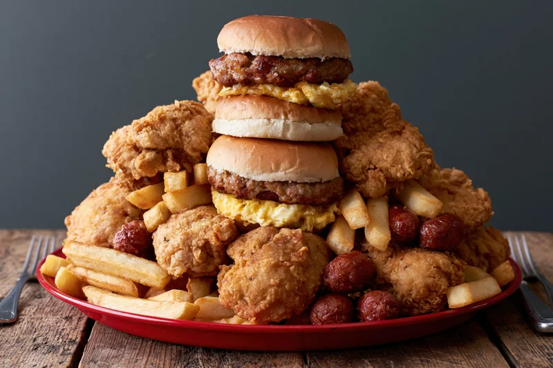 A red plate piled high with stacked burgers, fried chicken, fries, and sausages on a wooden table