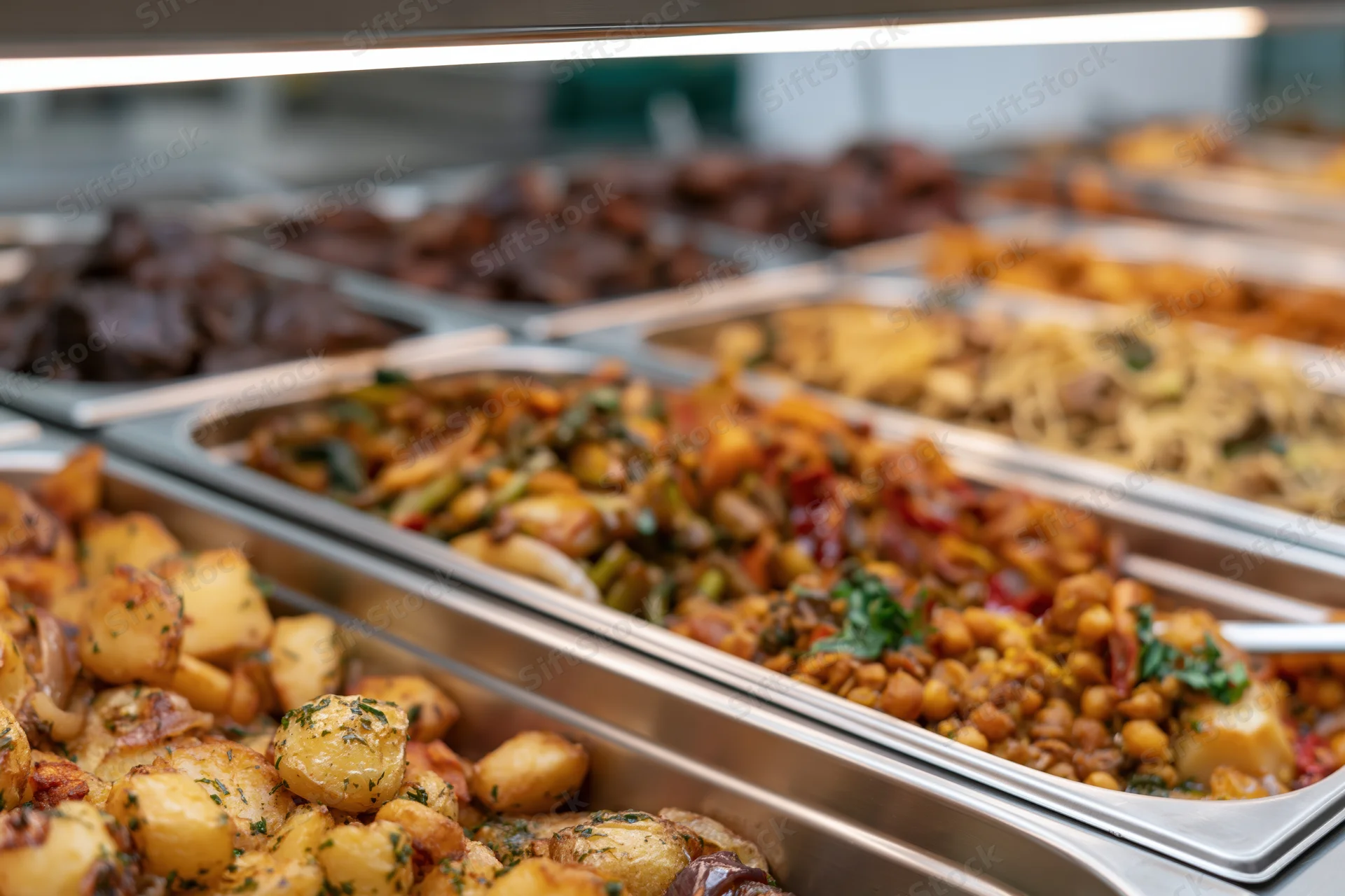 Hot food buffet with multiple stainless steel trays of cooked dishes arranged in a row on a serving counter