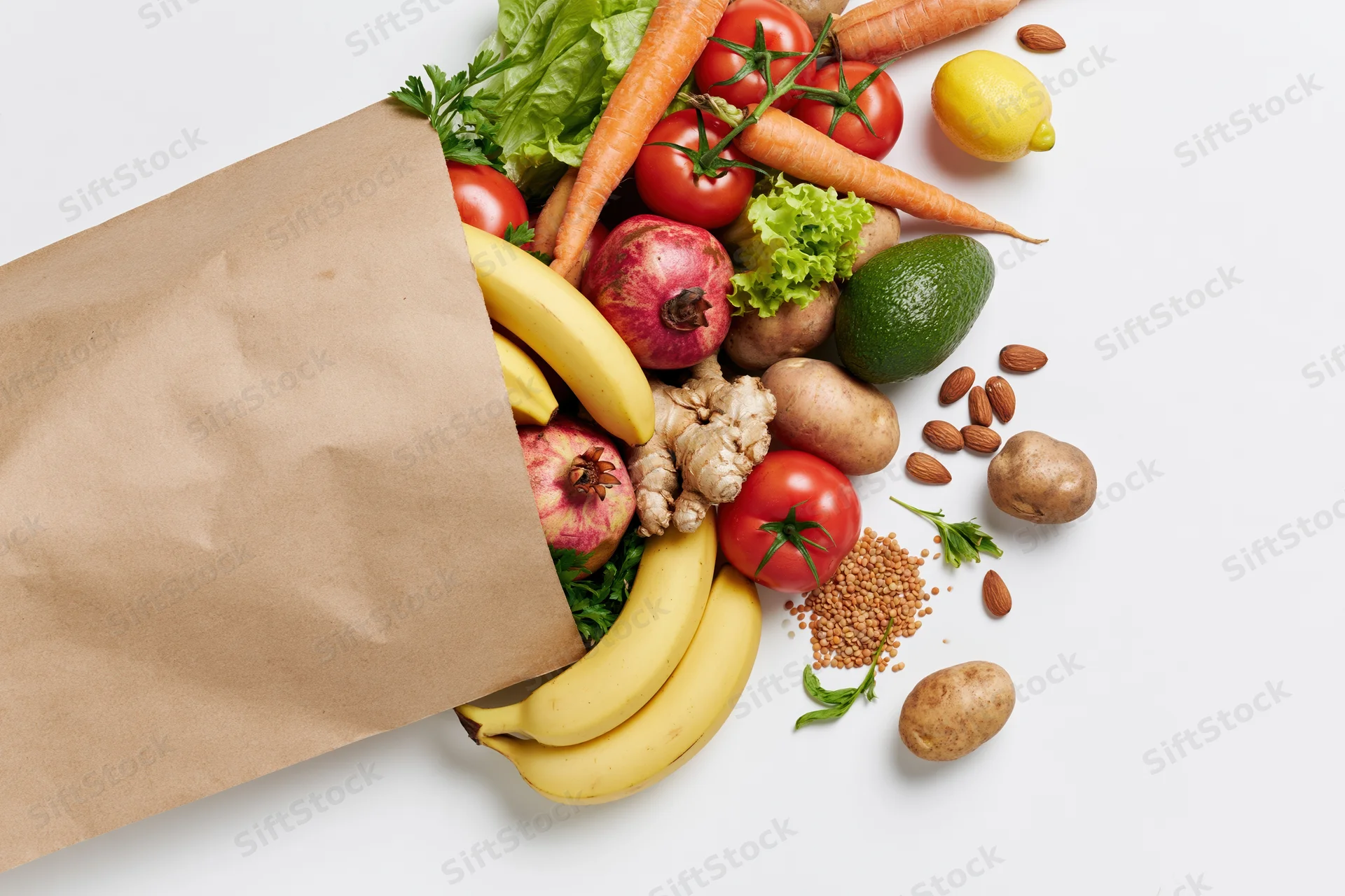 Kraft paper grocery bag tipped on its side spilling fresh produce onto white surface