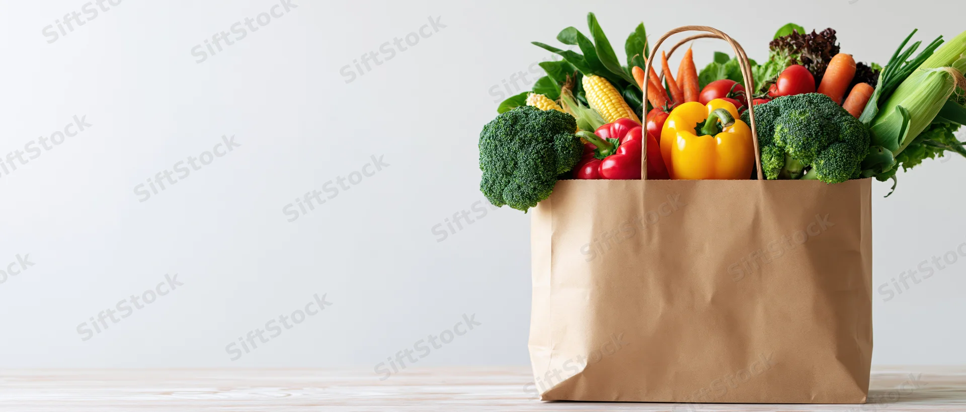 Kraft paper bag overflowing with fresh vegetables on a white surface