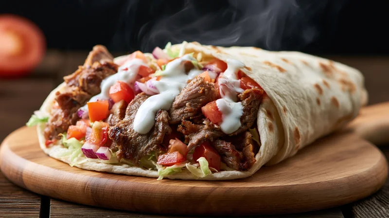 Large doner kebab wrap filled with grilled meat, vegetables and yogurt sauce resting on a round wooden cutting board