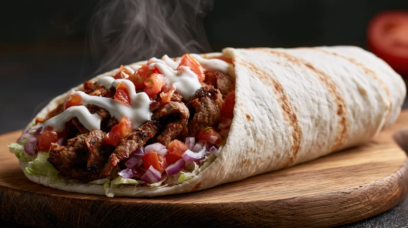 Doner kebab wrap filled with grilled meat, tomatoes, onions, lettuce and white sauce resting on a round wooden cutting board