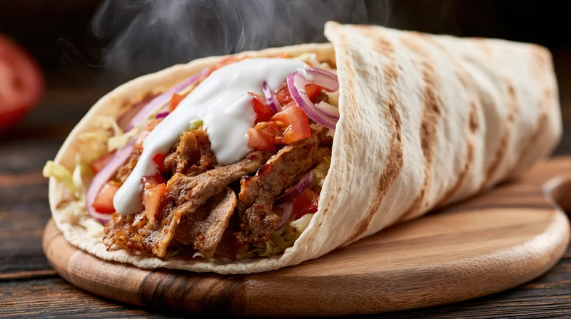 Steaming doner kebab wrap filled with grilled meat, vegetables and sauce on a wooden cutting board