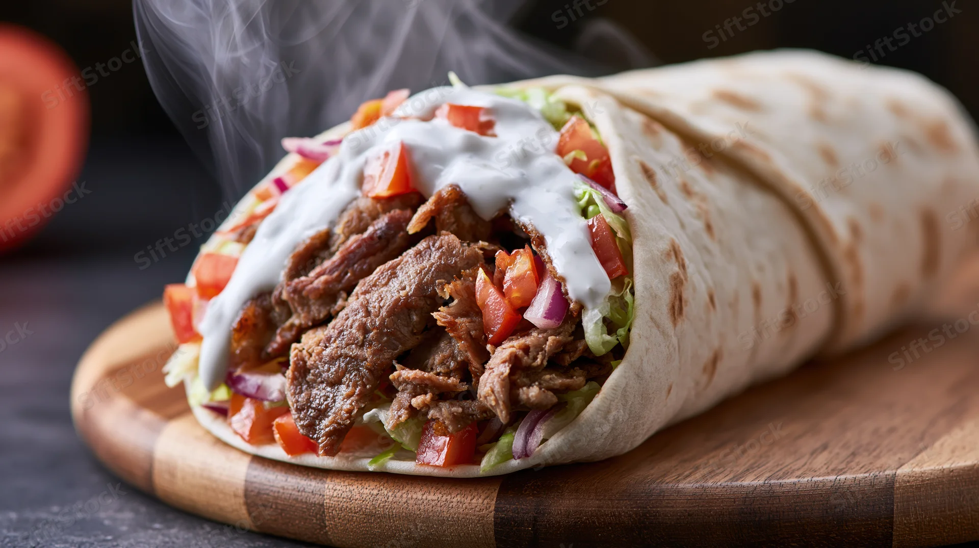 Doner kebab wrap filled with grilled meat, vegetables and yogurt sauce resting on a round wooden cutting board