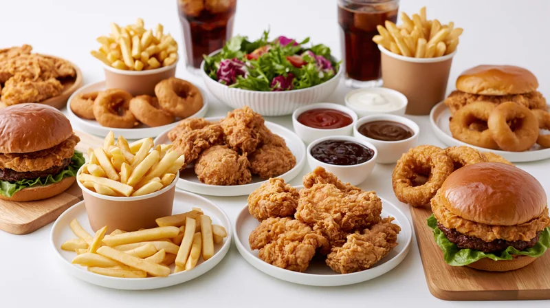 Fast food spread with burgers, fries, chicken nuggets, onion rings, soda, and condiments on a white table