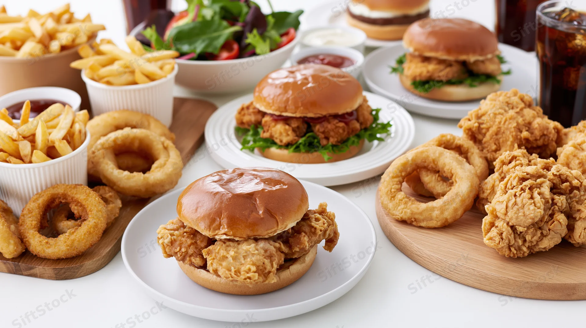 Chicken burgers with fried chicken, onion rings and french fries arranged on white plates and wooden boards with soda and salad on a white surface
