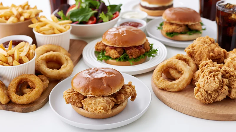 Chicken burgers with fried chicken, onion rings and french fries arranged on white plates and wooden boards with soda and salad on a white surface