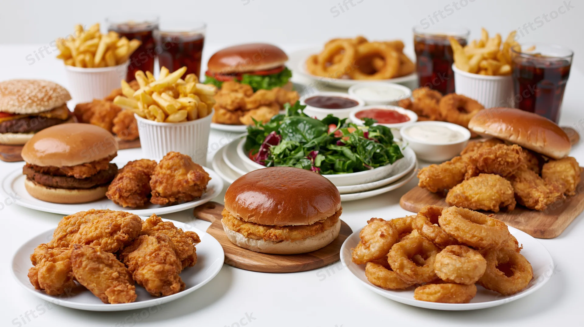 Fast food spread with burgers, fries, fried chicken, onion rings, soda, and salad on a white table