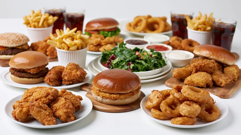 Fast food spread with burgers, fries, fried chicken, onion rings, soda, and salad on a white table