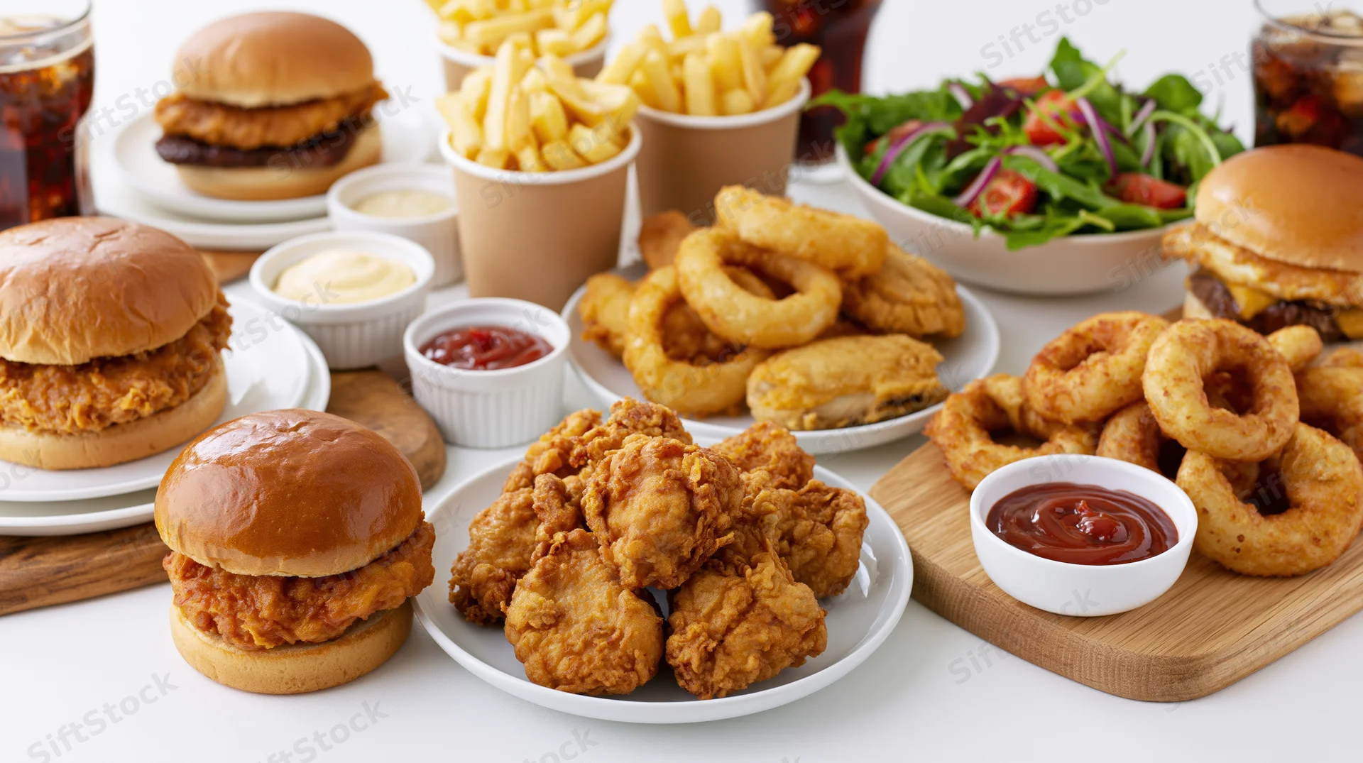 Fast food spread with burgers, fried chicken, fries, onion rings, salad, and condiments on white surface