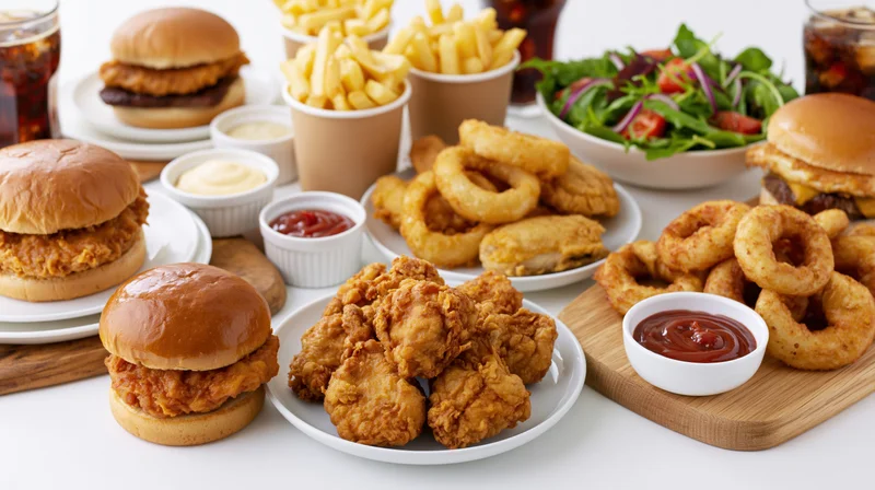 Fast food spread with burgers, fried chicken, fries, onion rings, salad, and condiments on white surface