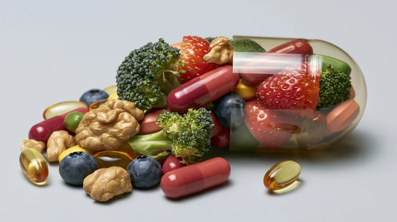 Transparent pharmaceutical capsule lying on its side with fruits, vegetables, nuts and pills spilling out onto a plain surface