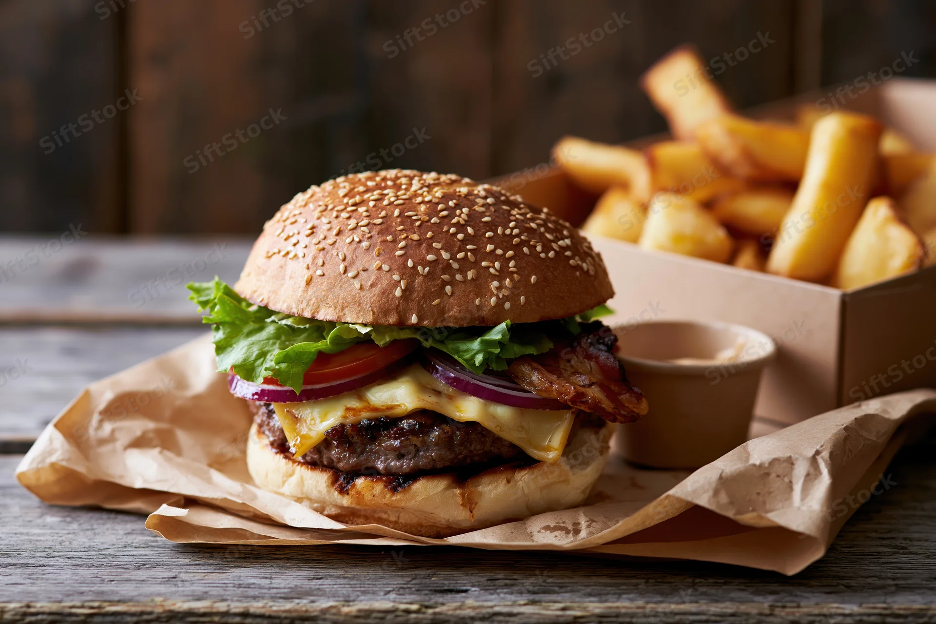 Cheeseburger with lettuce tomato red onion cheese bacon on sesame bun served with fries on wooden table