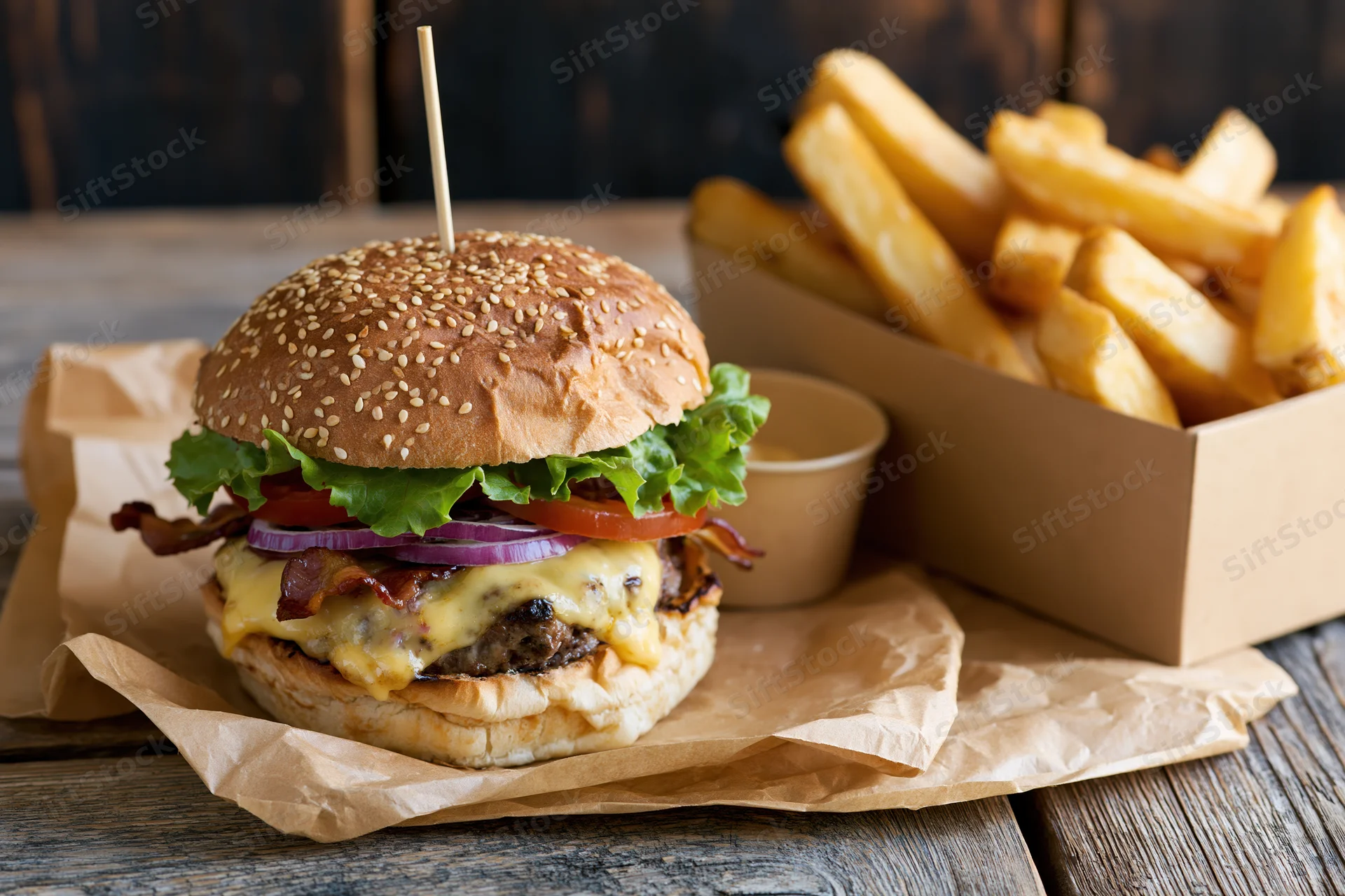 Loaded cheeseburger with bacon, lettuce, tomato, red onion, and melted cheese on a sesame seed bun, served with french fries in a cardboard box on a wooden table