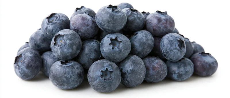 A pile of fresh blueberries arranged in a low mound on a white background