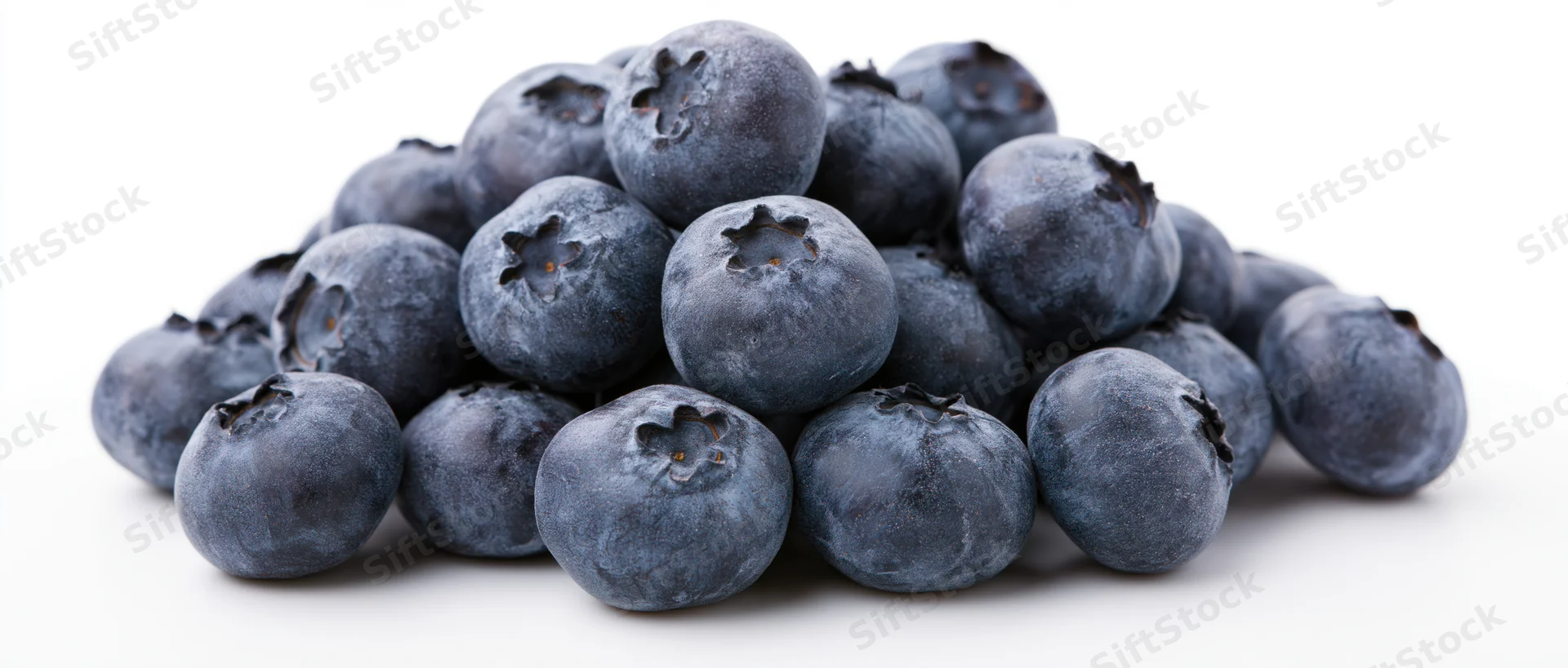 Pile of fresh blueberries on white background