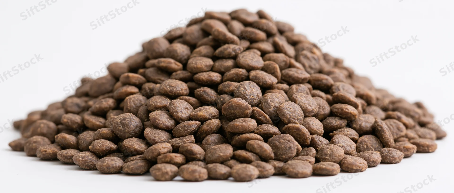 Heap of dry pet food kibble on white background