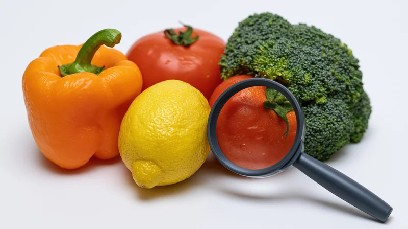 Magnifying glass resting on a group of fresh vegetables including tomato, broccoli, bell pepper and lemon on white background