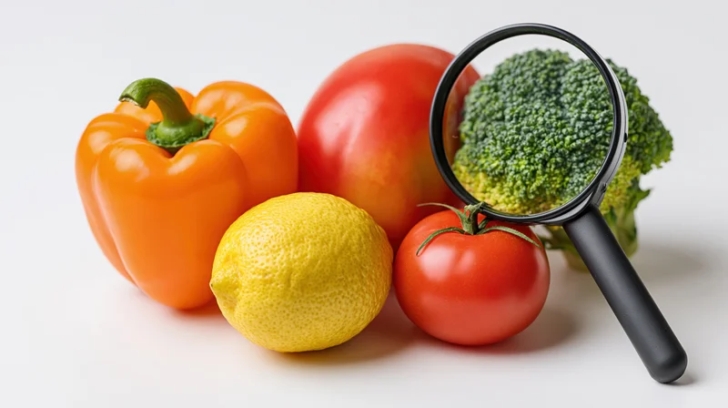 Magnifying glass resting on a group of fresh vegetables including broccoli, tomato, bell pepper, and lemon on a white surface