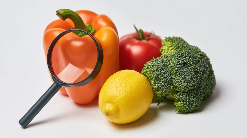 Magnifying glass resting against a group of fresh vegetables on a white surface
