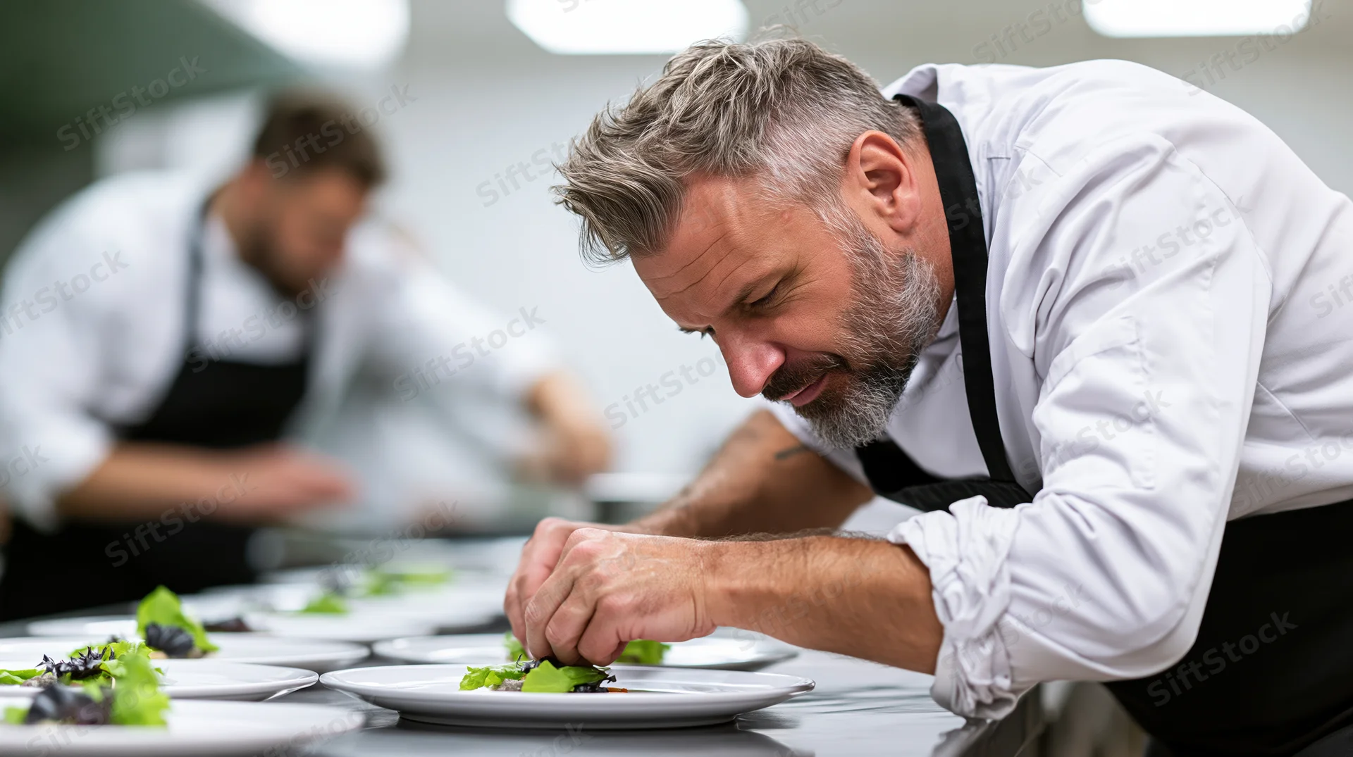 Male chef plating garnished dishes at stainless steel pass in restaurant kitchen