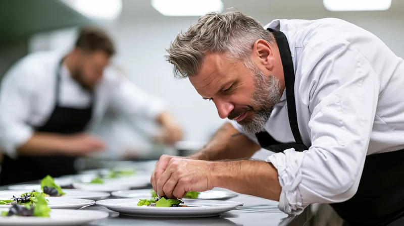 Male chef plating garnished dishes at stainless steel pass in restaurant kitchen