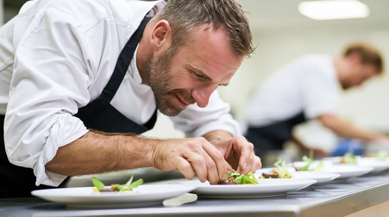 Male chef carefully garnishing dishes on stainless steel pass in restaurant kitchen